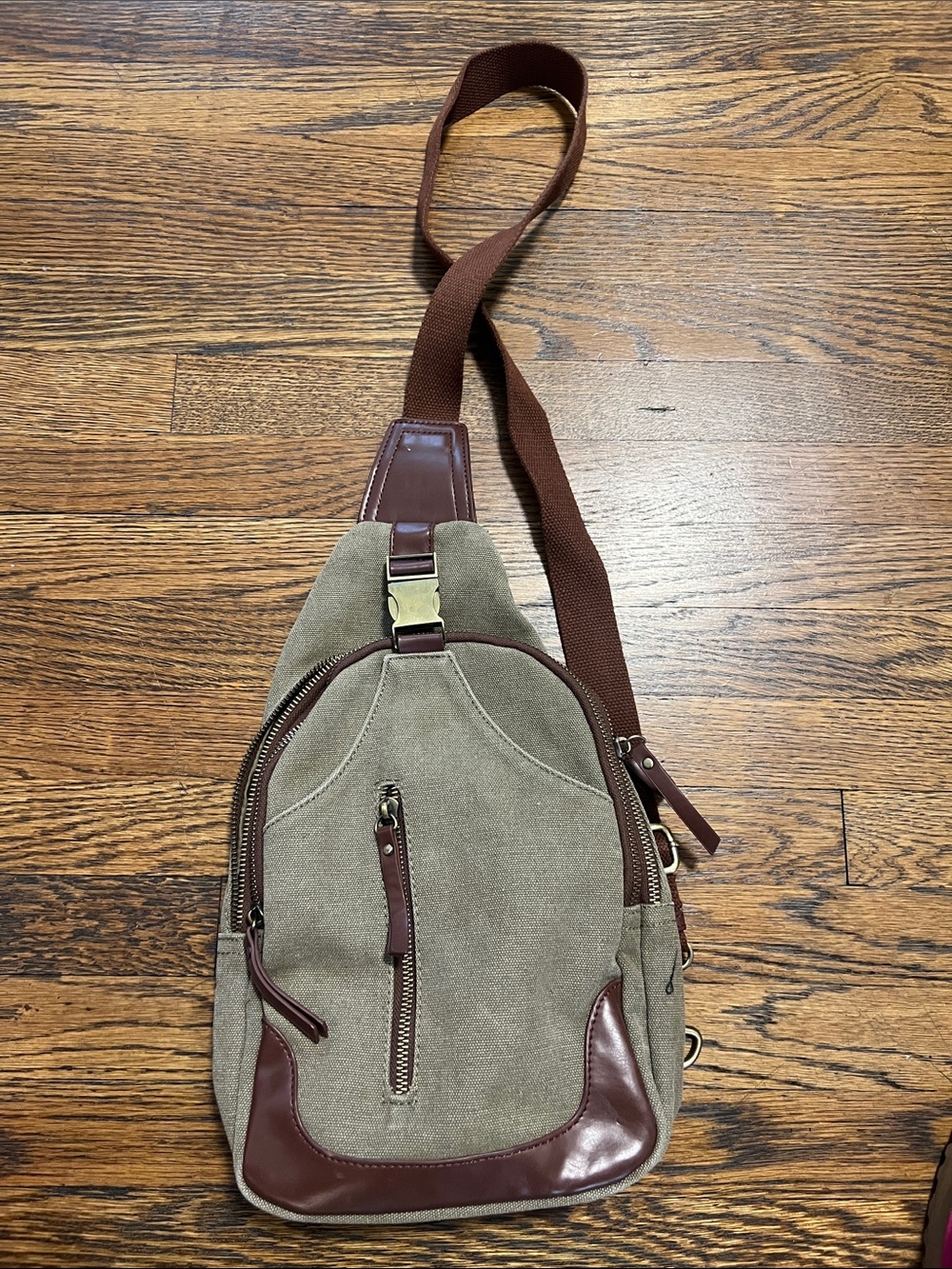 Unisex Taupe Canvas Sling Bag with Brown Accents